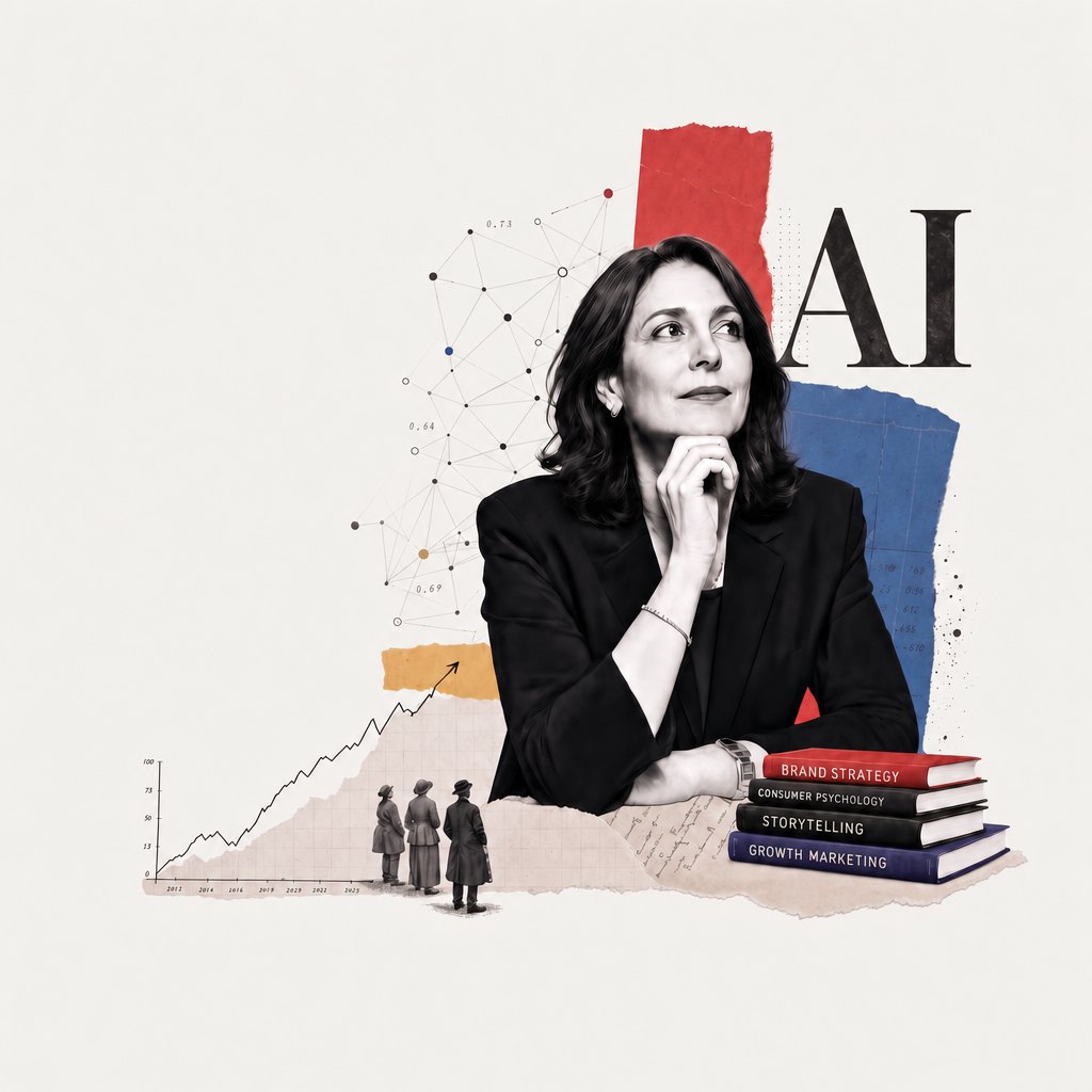 An editorial collage: a marketing leader in a black blazer looking up thoughtfully, surrounded by a rising growth chart, a data network, the letters AI, and a stack of books labelled Brand Strategy, Consumer Psychology, Storytelling and Growth Marketing.